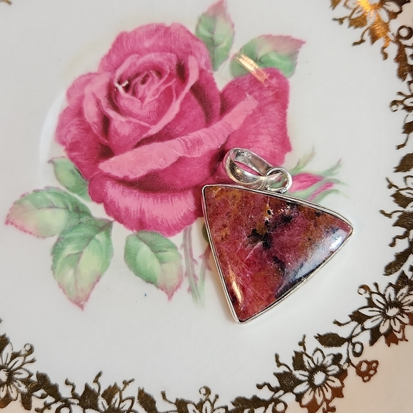 Bright, Pink With Black, Triangular-Shaped, Natural Rhodonite Cabochon Pendant - Picture 2 of 8